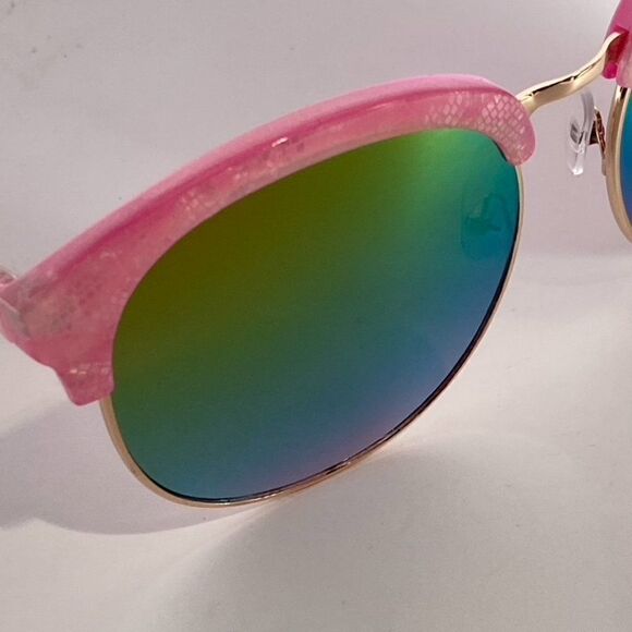0633 Pink Plastic and Gold Metal Mirrored Green Lense Sunglasses New - Picture 8 of 12